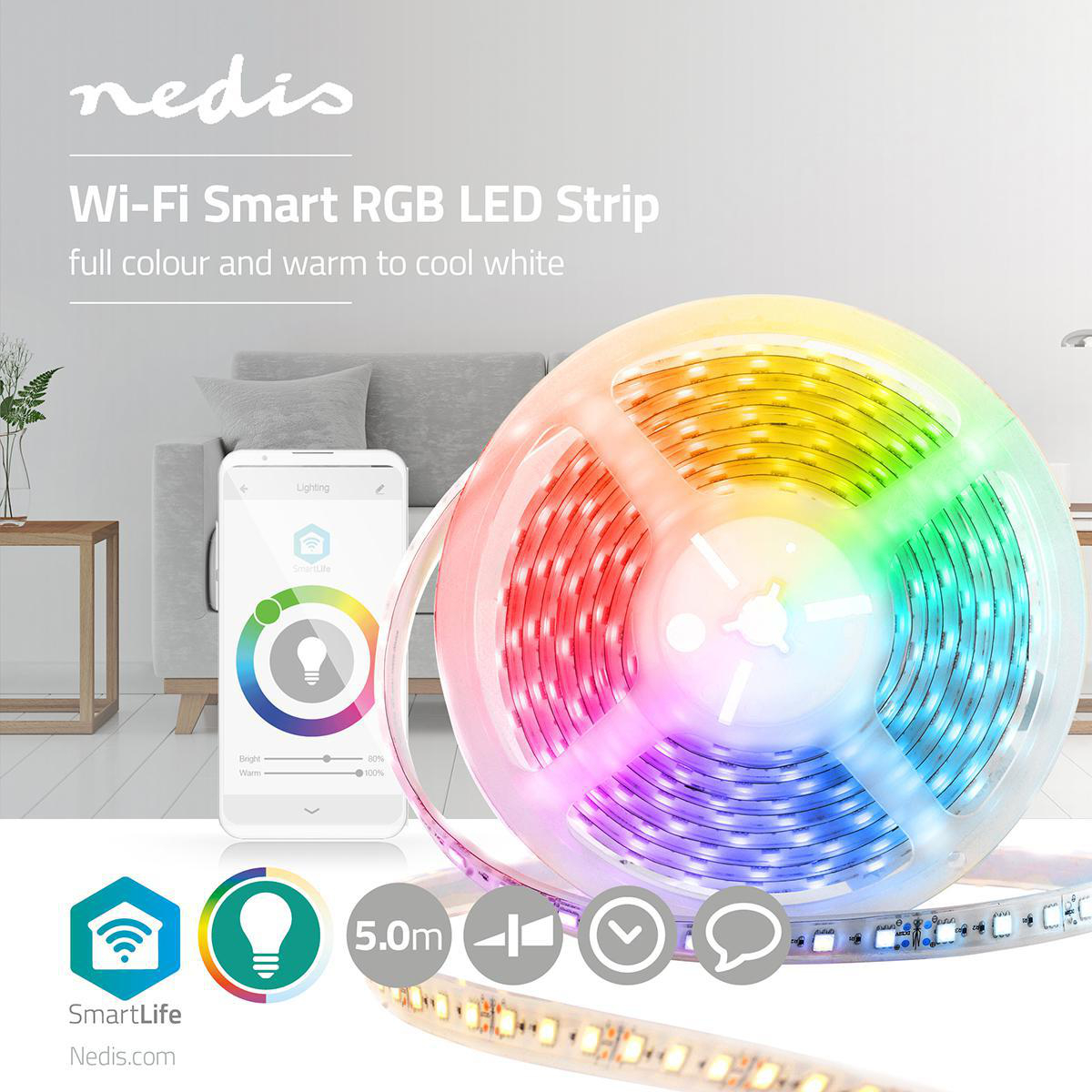 5412810303106 Nedis SmartLife 5M farvet lys - LED-bånd Hus & Have,Smart Home,Smart belysning 2190001483 WIFILS50CRGBW