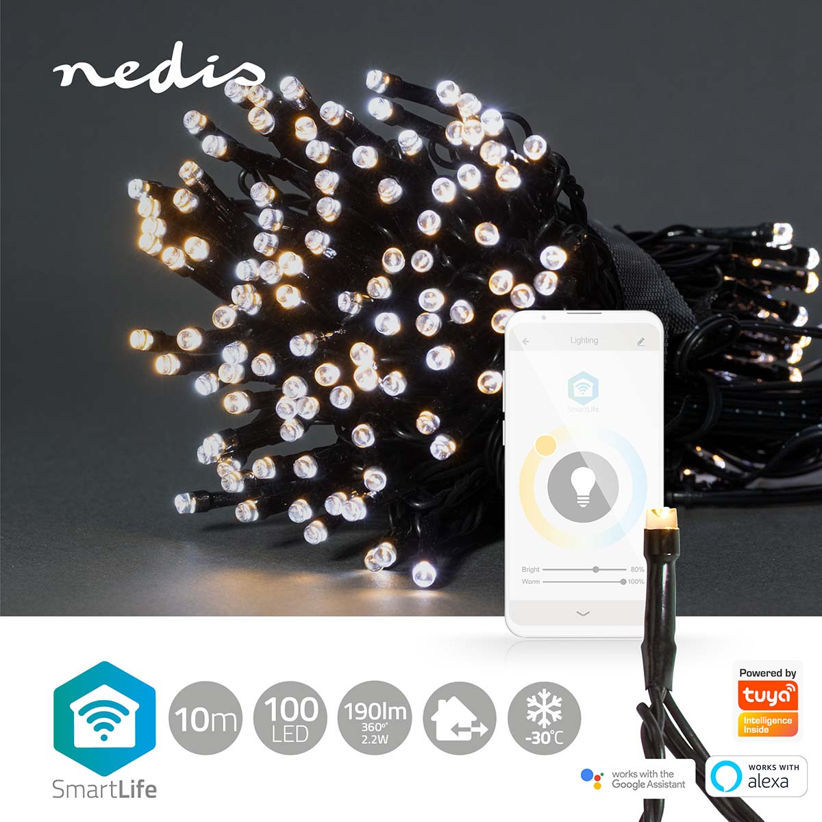 5412810404230 Nedis SmartLife 100 LED 10M hvide lys - Lyskæde Hus & Have,Smart Home,Smart belysning 2190002008 WIFILX02W100