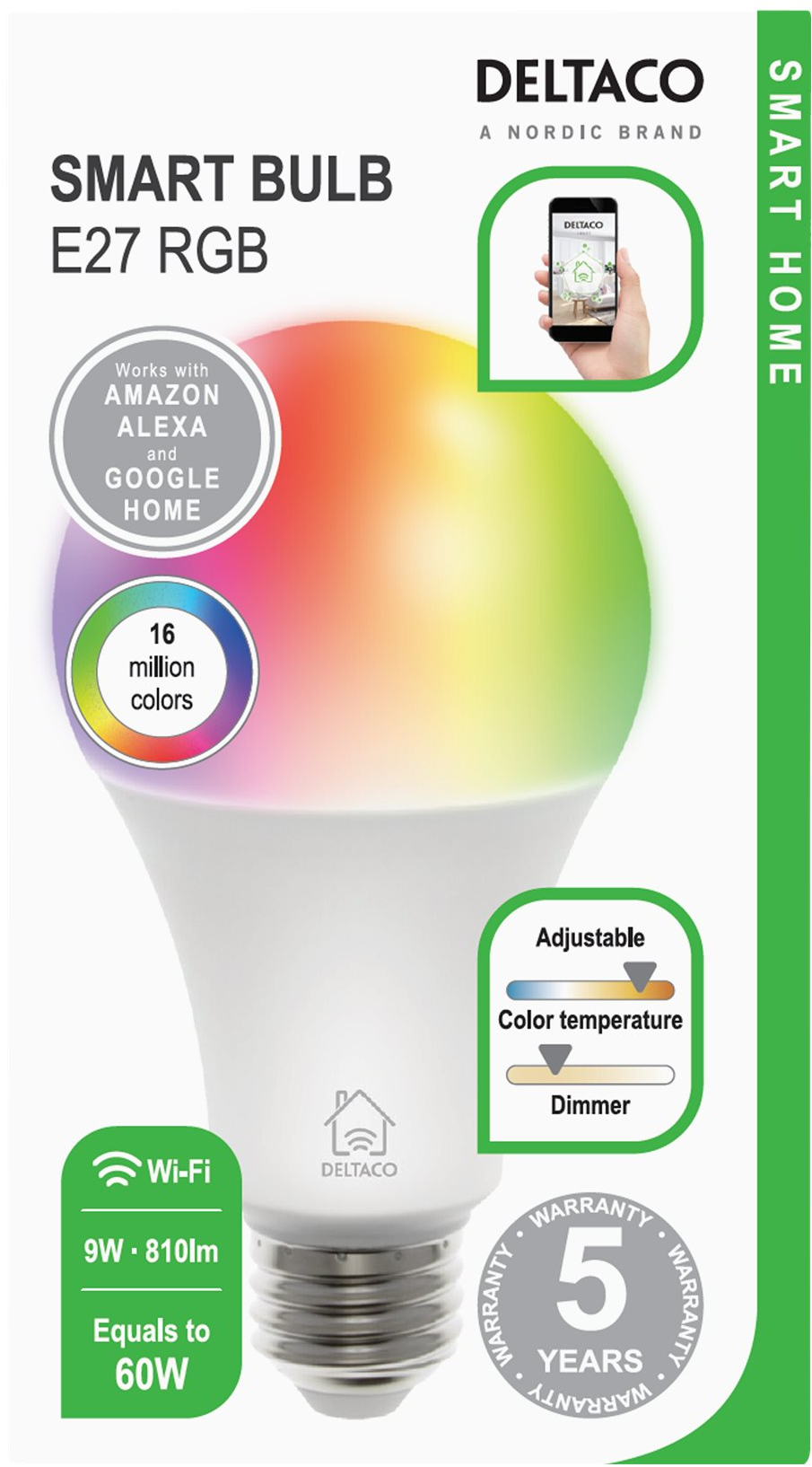 7333048041920 Deltaco LED, E27, RGB, WiFI 2,4 GHz, 9W, 470lm, dimbar, 2700 Hus & Have,Smart Home,Diverse 20500238072 SH-LE27RGB