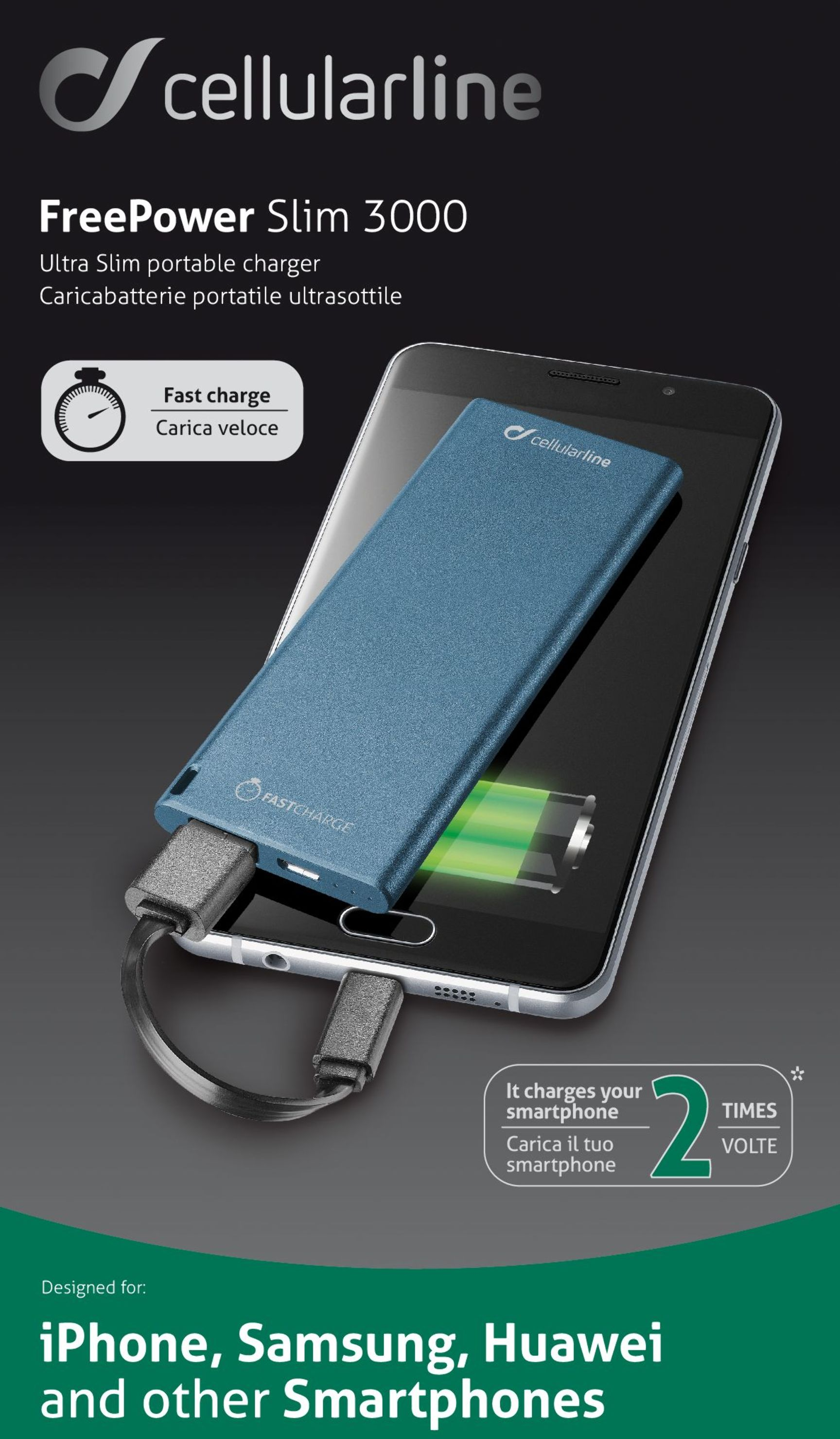 8018080286575 Cellularline Powerbank SLIM 3.000 mAh Blå Telefon & GPS,Tilbehør mobiltelefoner,Oplader til mobiltelefoner 17300000550 101853