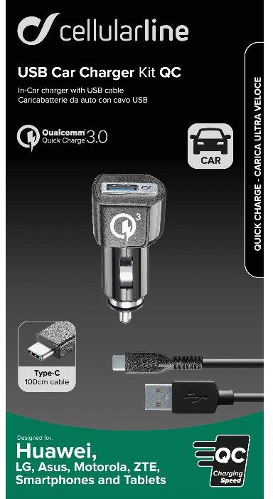 8018080303920 Cellularline USB Car Charger Kit QC, Quick Charge 3,0, Type- Telefon & GPS,Tilbehør mobiltelefoner,Biltilbehør til mobiltelefoner 2190002980 CBRHUKITQCTYCK
