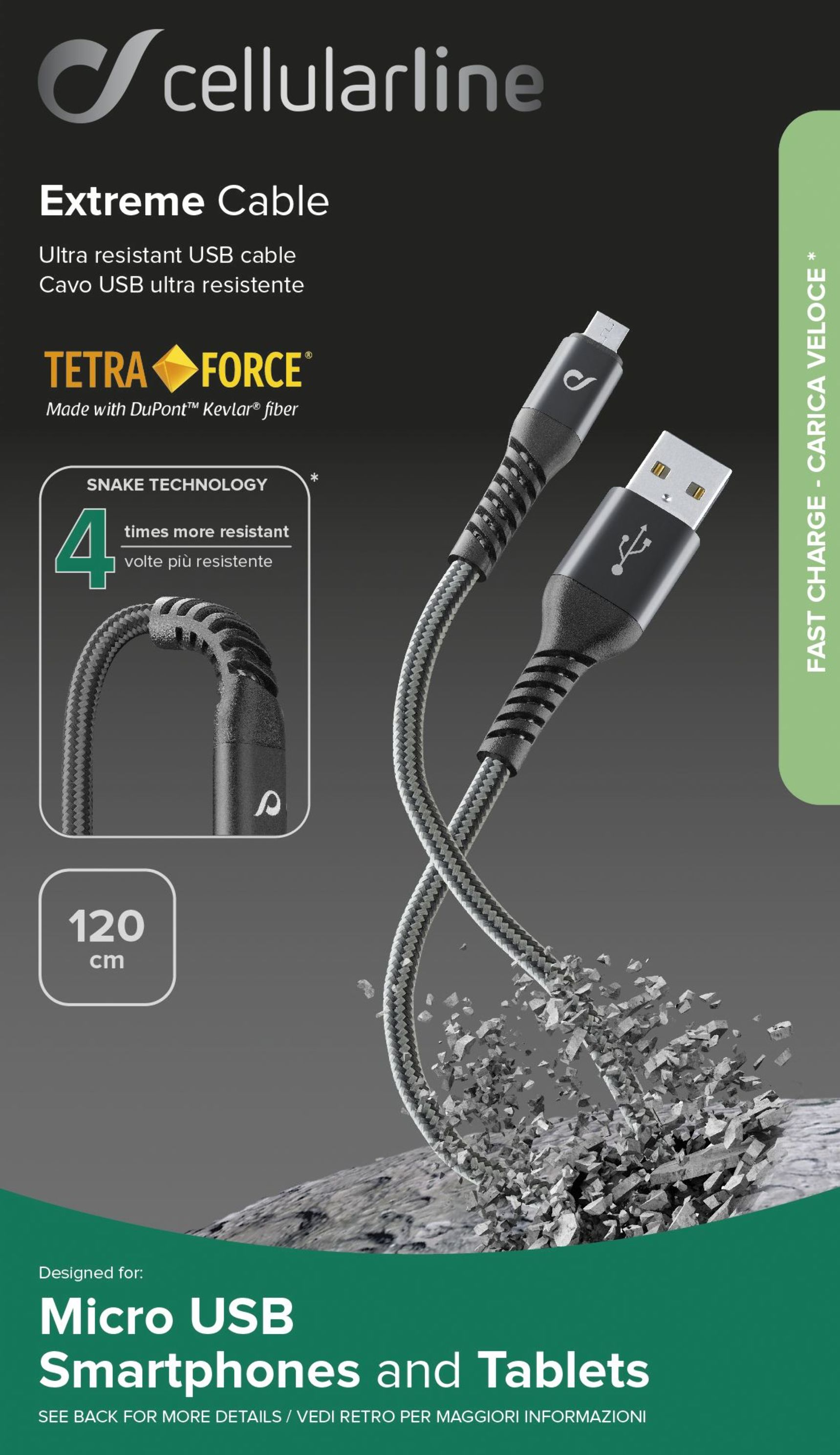 8018080312380 Cellularline Extreme Cable Tetra Force Micro USB 1,2m Telefon & GPS,Tilbehør mobiltelefoner,Kabler til mobiltelefoner 17300000480 102088