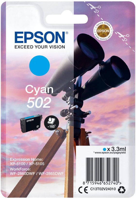 8715946652740 EPSON Singlepack Cyan 502 Ink - Blækpatron Computer & IT,Printere & Scannere,Blæk & toner 14600012510 C13T02V24010