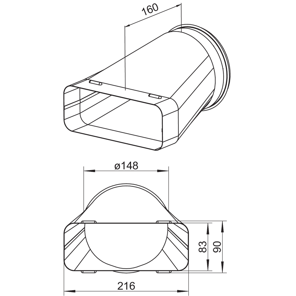 5703347804267 Thermex 825.60.4011.9 overgang 216x83 mm til Ø150(metal) Hvidevarer,Tilbehør,Tilbehør emhætter 9999000210 825.60.4011.9