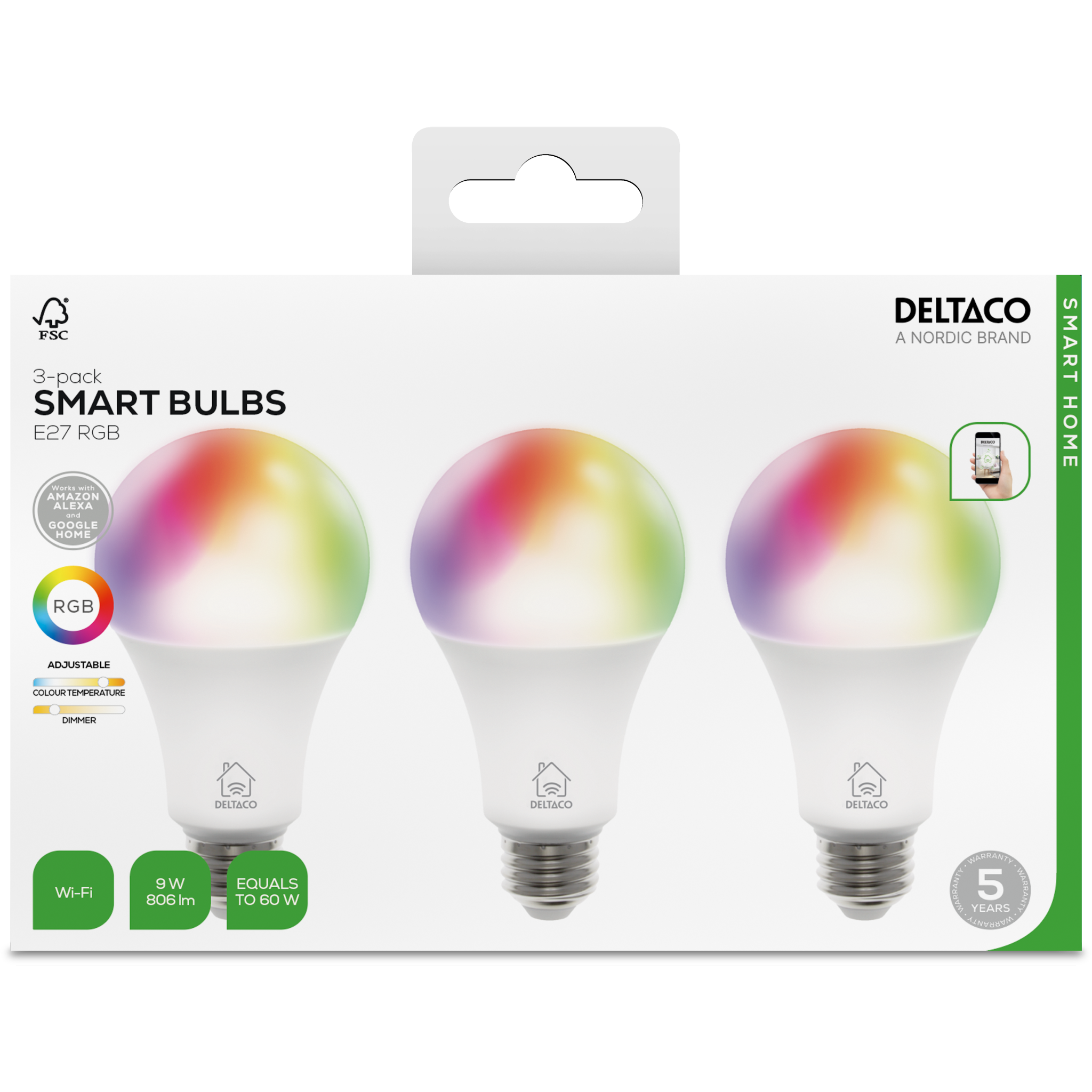 7333048063496 Deltaco SH-LE27RGBA6002-3P Smart Home led pærer Hus & Have,Smart Home,Smart belysning 74600011570 SH-LE27RGBA6002-3P