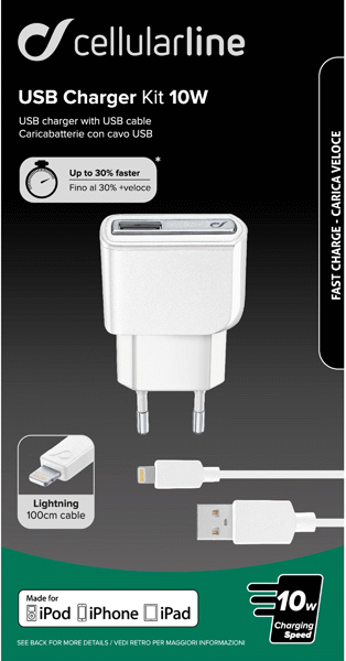 8018080226878 Cellularline USB Charger kit 10w, lightning kabel 1 m. - iPh Telefon & GPS,Tilbehør mobiltelefoner,Tilbehør til iPhone 2190002971 ACHUSBMFIIPH2AW
