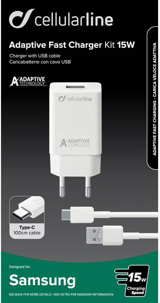 8018080303906 Cellularline Adaptive Fast Charger Kit 15w, Type-C kabel 1 m Telefon & GPS,Tilbehør mobiltelefoner,Oplader til mobiltelefoner 17300000110 101994