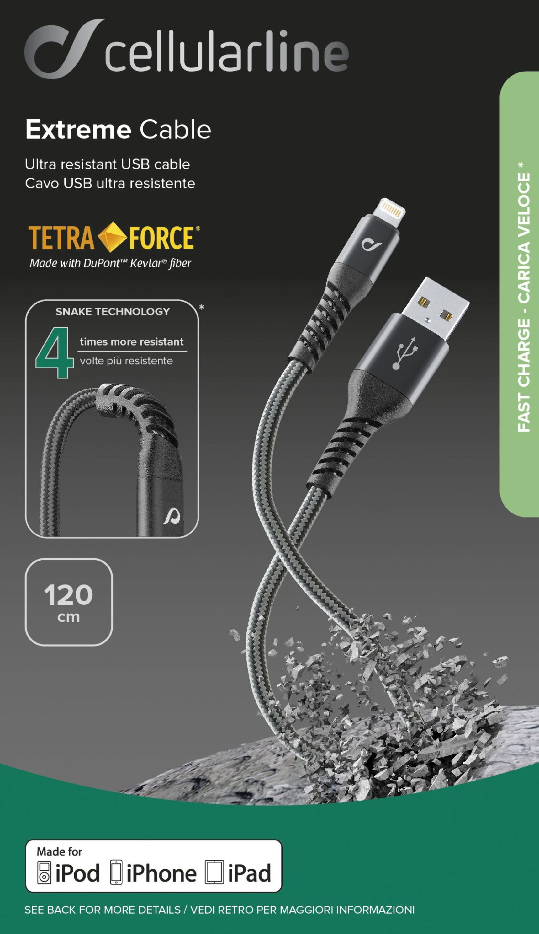 8018080312397 Cellularline Extreme Cable Tetra Force Lightning 1,2m Telefon & GPS,Tilbehør mobiltelefoner,Tilbehør til iPhone 17300000470 102086