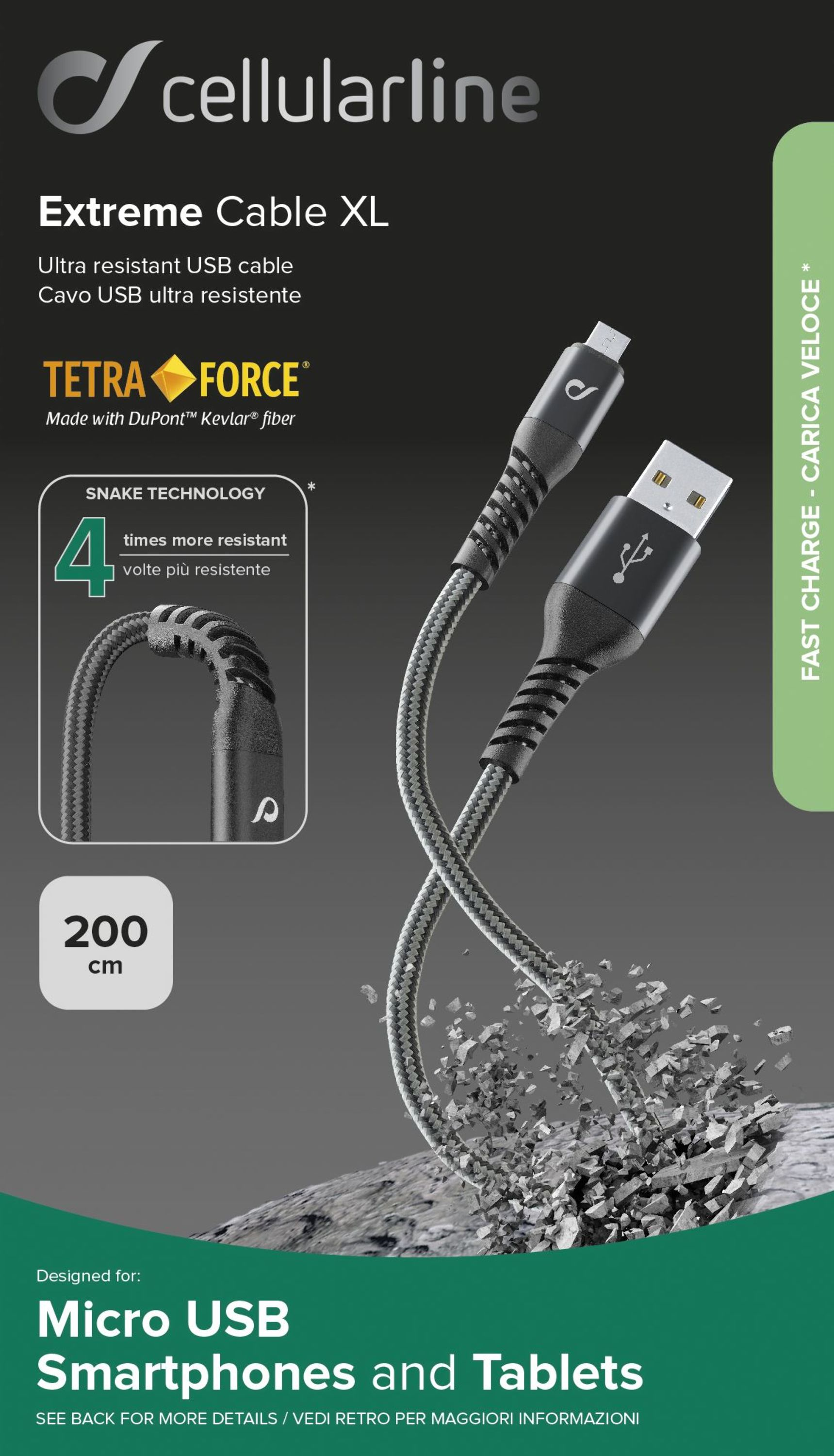 8018080312670 Cellularline Extreme Cable Tetra Force Micro USB 2m Telefon & GPS,Tilbehør mobiltelefoner,Kabler til mobiltelefoner 17300000450 102526