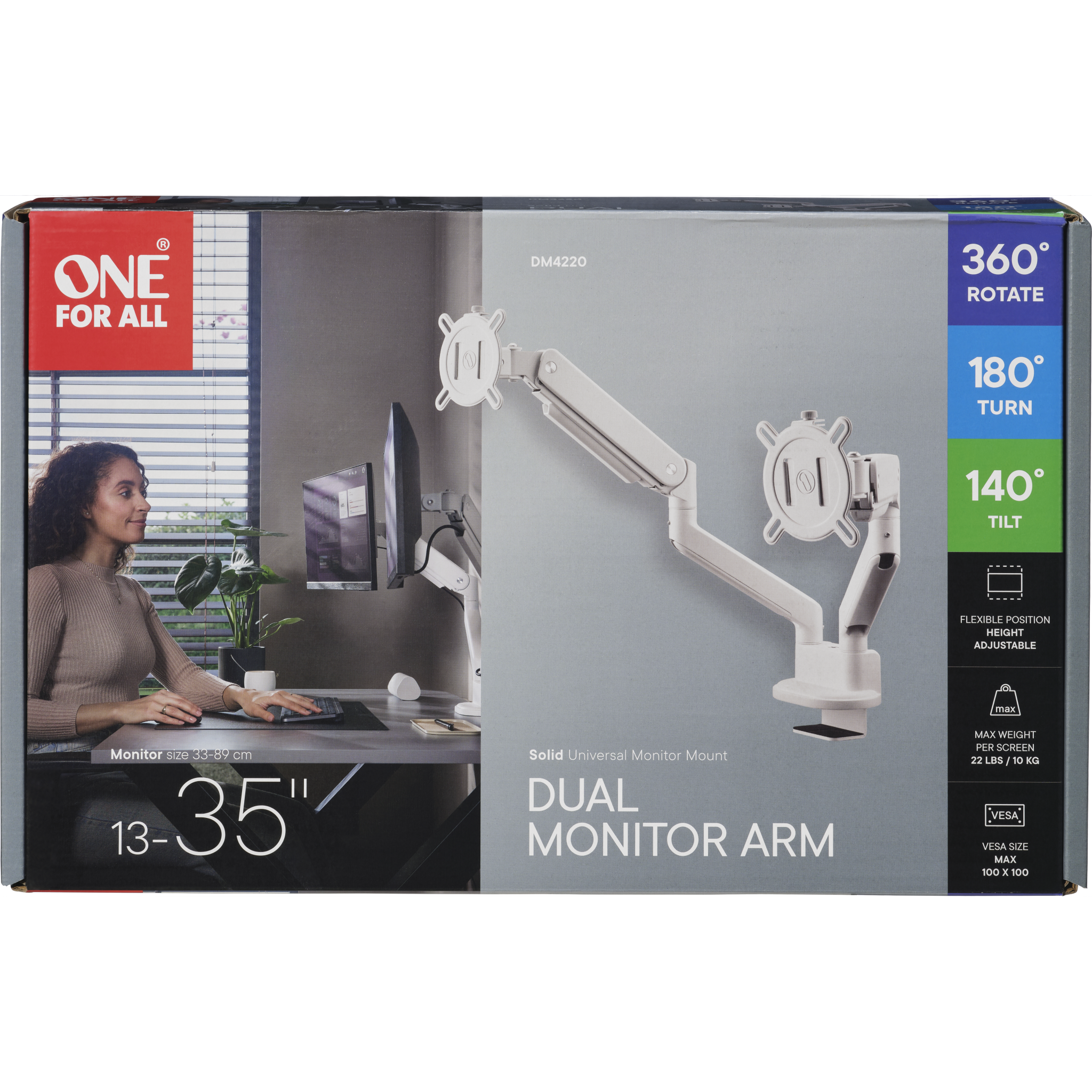 8716184077692 One For All DM4220 Dynamic Dual Monitor Arm, solid, hvid Computer & IT,Gaming,Gaming tilbehør 74600011330 DM4220